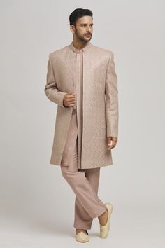 Beige brown jacket with thread embroidered geometric patterns. Comes with inner kurta and pant. - Aza Fashions Collar Kurta, Kurta Set Men, Kurta Set For Men, Men Kurta, Mens Kurta Designs, Cotton Kurta, Brown Jacket, Kurta Designs, Embroidered Jacket