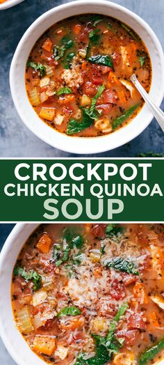 two bowls of crockpot chicken quinoa soup