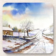 a watercolor painting of a snow covered road in the winter with houses and trees