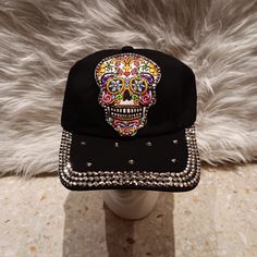 Cap Things Off With A Sugar Skull Baseball Cap That Will Keep Your Look Sporty On Days You Want Sun Coverage Or Need To Hide Your Wild Bedhead! Made Of 100% Cotton Plastic Closure Adjustable So You Can Adjust To Fit Your Head Skull Print Cap One Size Fits Most, Skull Print Cap One Size, Adjustable Skull Print Baseball Cap, Casual Snapback Baseball Cap With Skull Print, Casual Skull Print Snapback Baseball Cap, Adjustable Skull Print Hats For Halloween, Adjustable Skull Print Halloween Hats, One Size Fits Most Skull Hat For Halloween, Halloween Skull Hat, One Size Fits Most