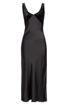 Timeless elegance defines this fluid satin maxi accented with a rich velvety bodice. V-neck Sleeveless 100% polyester Dry clean Imported Black Satin Finish Maxi Dress, Black Satin Maxi Dress For Evening, Black Satin Finish Maxi Dress For Evening, Sleeveless Slip Dress With Satin Lining For Formal Events, Chic Sleeveless Slip Dress With Satin Trim, Chic Evening Slip Dress With Satin Trim, Sleeveless Silk Dress With Satin Trim, Formal Slip Dress With Satin Lining, Elegant Sleeveless Modal Satin Maxi Dress