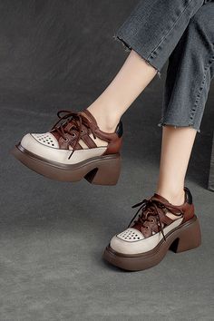 Trendy Leather Platform Heels, Brown Retro Flat Heel Sandals, Retro Leather Sandals With Flat Heel, Trendy Brown Closed Toe Heels, Beige Platform Heels With Round Toe, Trendy Leather Sandals With Reinforced Heel, Trendy Brown Flat Heels, Brown Trendy Round Toe Heels, Trendy Brown Round Toe Heels