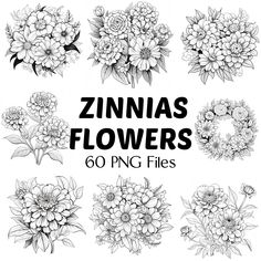 the flowers are drawn in black and white on a white background, with text that reads zinnas flowers 60 png files