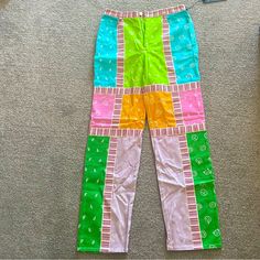 No Longer Sold On Finesse. One Of Their Original Designs! Rainbow Colored Pants With Smiley Faces In Some Parts. Very Cute With A Pink Sweater Or Top! Summer Fitted Patchwork Pants, Fitted Patchwork Pants For Summer, Smiley Happy, Smiley Faces, Colored Pants, Spring Style, Happy Face, Smiley Face, Pink Sweater