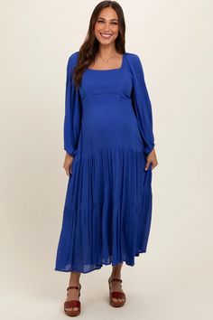 Royal Blue Tiered Maternity Midi Dress – PinkBlush Square Neck Tiered Dress With Smocked Back For Brunch, Spring Maternity Dress With Square Neck, Oversized Sleeves, Maternity Midi Dress, Oversize Sleeves, Skirt Dress, Tiered Skirt, Square Neckline, Maternity Clothes