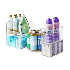 an assortment of bathroom products displayed on a white background