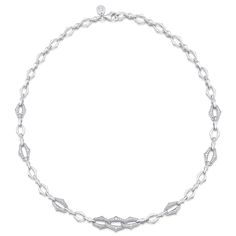 Lucia White Gold White Diamond 9 Link 16" Necklace Elegant Diamond Chain Necklaces, Elegant Formal Necklaces With Lobster Clasp, Elegant White Gold Necklace With Lobster Clasp, Formal White Gold Single Strand Chain Necklace, Elegant Oval Link Necklace With Diamond Accents, Elegant Oval Chain Necklace With Lobster Clasp, Elegant Formal Chain Necklace With Lobster Clasp, Elegant Chain Necklace With Lobster Clasp For Anniversary, Fine Jewelry Oval Link Necklaces With Diamond Accents