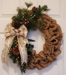 a christmas wreath with pine cones, berries and burlocks hanging on a door