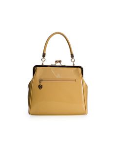 Classic retro inspired kiss-lock purse in beige patent faux leather with gold kiss-lock hardware & fabric lining. 100% PU Length: 33 CM | Width: 12 CM | Height: 26 CM Retro Beige Satchel With Detachable Strap, Beige Retro Satchel With Detachable Strap, Retro Gold Bag With Detachable Strap, Gold Retro Satchel Shoulder Bag, Retro Beige Satchel With Detachable Handle, Retro Inspired, Faux Leather, Kiss, Purse