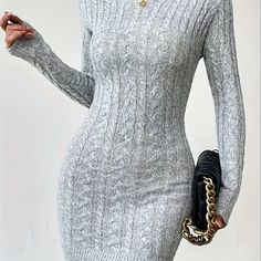 Bodycon Crew Neck Dress, Elegant Long Sleeve Solid Dress For Spring & Fall, Women's Clothing Silvery Grey-S(4) Gray Long Sleeve Bodycon Dress For Fall, Casual Long Sleeve Gray Bodycon Dress, Casual Gray Long Sleeve Bodycon Dress, Gray Long Sleeve Bodycon Mini Dress, Gray Long Sleeve Stretch Mini Dress, Gray Bodycon Mini Dress For Winter, Gray Stretch Long Sleeve Mini Dress, Gray Stretch Mini Dress With Long Sleeves, Gray Long Sleeve Bodycon Dress For Winter