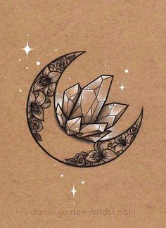 a drawing of a crescent moon with crystals on it's side and stars in the background