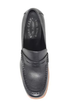 A classic penny keeper and loafer-inspired topline enrich a contemporary leather pump set on a stacked platform and block heel. 3 1/2" heel; 1 1/4" platform Cushioned footbed Leather upper/textile lining/rubber sole Imported Business Wingtip Platform Loafers With Leather Sole, Classic Platform Loafers With Round Toe For Work, Classic Round Toe Platform Loafers For Business, Classic Platform Loafers With Leather Sole For Business, Classic Leather Moc Toe Platform Loafers, Classic Leather Shoes With Platform And Round Toe, Classic Business Platform Loafers With Round Toe, Classic Black Platform Loafers For Formal Occasions, Black Plain Toe Platform Loafers For Formal Occasions