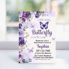 a little baby is on the way purple floral butterfly birthday party printable invitation card