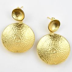 Statement Double Disc Earrings - Goldmakers Fine Jewelry Yellow Gold Round Brass Plug Earrings, Brass Round Earrings For Jewelry Making, Adjustable Hammered Earrings For Anniversary, Hammered Brass Drop Earrings, Round Brass Earrings As Gifts, Round Brass Earrings For Gifts, Gold Hammered Sterling Silver Earrings, Artistic Gold Jewelry With Ear Wire, Artistic Gold Nickel-free Earrings