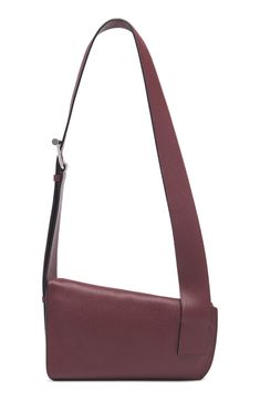 Sculptural bar hardware brings this season's signature look to an asymmetric crossbody bag shaped from richly pebbled calfskin. Magnetic-snap flap closure Adjustable crossbody strap Interior card slot Suede lining Leather Made in Italy Designer Handbags Modern Soft Leather Saddle Bag, Burgundy Leather Shoulder Bag With Palladium Hardware, Burgundy Leather Shoulder Bag With Silver-tone Hardware, Modern Everyday Flap Bag With Silver-tone Hardware, Modern Leather Flap Bag With Metal Hardware, Modern Satchel Saddle Bag With Palladium Hardware, Modern Saddle Bag With Palladium Hardware For Evening, Modern Evening Saddle Bag With Palladium Hardware, Burgundy Leather Shoulder Bag With Metal Hardware