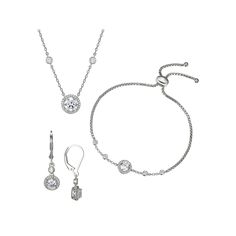 Tie together a fabulous look when you wear this sterling silver cubic zirconia halo necklace, bracelet and earring set.Click on this JEWELRY & WATCHES GUIDE to learn about fit, styles, materials and more! Includes: 1 necklace, 1 bracelet, 1 pair of earrings Necklace drop length: 3/4 in. Chain length: 18 in. Chain type: cable Bracelet length: 9 in. Earring length: 1 1/16 in. Closures: leverback Metal: sterling silver Plating: rhodium Finish: polished Packaging: boxedSTONE DETAILS Stone type: cubi Classic Cubic Zirconia Jewelry Sets For Anniversary, Classic Silver Cubic Zirconia Jewelry Sets, Classic Silver Jewelry Sets With Brilliant Cut, Classic Jewelry Sets With Sparkling Stones For Anniversary, White Gold Jewelry Sets With Brilliant Cut, Classic Jewelry Sets With Brilliant Cut Cubic Zirconia, Classic Sterling Silver Jewelry Sets With Diamond Accents, Brilliant Cut Diamond Jewelry Sets, Adjustable Silver Cubic Zirconia Jewelry Sets