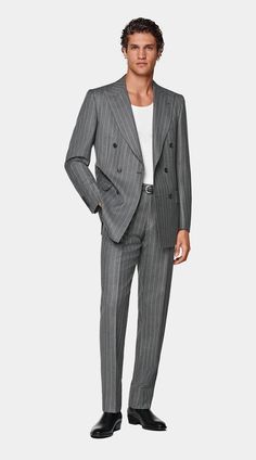 Mid Grey Striped Tailored Fit Milano Suit in Pure Wool Trendy Mens Suits, Double Breasted Suit Men, Casual Suits Men, Groom Suit Grey, Suit Supply, Striped Suit, Fashion Suits For Men, Men’s Suits, Gray Suit