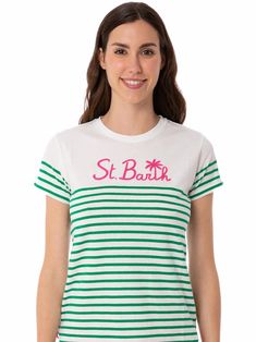 Woman t-shirtGreen and white stripedSt. Barth embroideryRound neckShort sleevesRegular fitTrue to sizeComposition: 100% cotton. | MC2 Saint Barth Women's Green Striped Cotton T-shirt With St. Barth Embroidery in White | SS18 Summer Short Sleeve T-shirt With Striped Hem, White Short Sleeve Tops With Signature Stripes, White Short Sleeve T-shirt With Signature Stripes, White T-shirt With Contrast Stripes For Summer, Spring Short Sleeve Tops With Signature Stripes, Short Sleeve Tops With Signature Stripes For Spring, Summer Short Sleeve T-shirt With Signature Stripes, White T-shirt With Contrast Stripes, Short Sleeve Cotton Tops With Signature Stripes