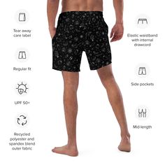 Dive into summer darkness with Goth Cloth Co.'s Gothic Halloween Swim Trunks. Featuring a haunting pattern of ghosts, pumpkins, black cats, and spider webs against a black and white backdrop, these trunks combine gothic elegance and Halloween flair, perfect for the darkly inclined beachgoer. Key Features: Four-way stretch fabric: Water-repellent microfiber made from 91% recycled polyester, 9% spandex. Anti-chafe liner: Silky 92% polyester, 8% spandex inner liner for all-day comfort. Multiple poc Fitted Black Witchy Bottoms, Black Emo Style Bottoms For Summer, Black Bottoms For Summer Costume Party, Black Bottoms For Costume Parties In Summer, Black Rave Bottoms For Beach, Gothic Black Bottoms For Halloween, Black Rave Bottoms For Halloween, Rave Style Black Bottoms For Halloween, Black Emo Bottoms For Halloween