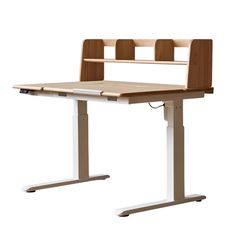 a wooden desk with a laptop computer on it's top and two metal legs