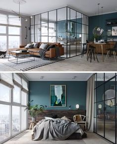 two pictures of a living room with blue walls and glass partitions to separate it from the dining area