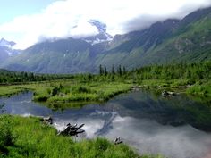 a river surrounded by lush green grass and mountains