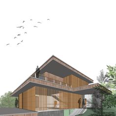 an architectural rendering of a house with wood sidings and balconies on the second floor