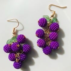 Purple Grape Beaded Earrings, Sparkly Soft Green Accents, Lightweight And Comfortable, Hypoallergenic Post Purple Dangling Beads Earrings For Party, Purple Dangling Beads Party Earrings, Purple Drop Earrings With Dangling Beads, Purple Dangle Beaded Earrings For Gift, Purple Dangle Beaded Earrings As Gift, Purple Beaded Dangle Earrings, Purple Dangling Beads Jewelry For Party, Adjustable Purple Beaded Earrings With Colorful Beads, Purple Beaded Earrings For Party