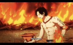 an anime character standing in front of a fire