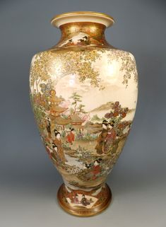 A stunning Japanese Meiji period Satsuma porcelain vase of baluster form, finely hand decorated in colourful enamels and gilded, depicting a busy summer scene by a river with people coming and going. This fabulous vase has at some point been drilled through the signature to be used as a lamp, but the style of decoration and complex border work strongly suggests the hand of Okamoto Ryozan, beside the lamp conversion this imposing vase is in excellent condition standing 14 ½ inches tall. Any quest Satsuma Vase, Japanese Vase, Summer Scenes, Meiji Period, Japanese Antiques, Porcelain Vase, Asian Style, Hand Decorated, Fine Art Ceramics