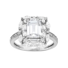 Decorated with cubic zirconia stones in a variety of shapes, this rectangle halo ring abounds with sophisticated style. Click on this JEWELRY & WATCHES GUIDE to learn about fit, styles, materials and more!RING DETAILS Width: .6 in. Metal: sterling silver Plating: rhodium Packaging: boxed CUBIC ZIRCONIA DETAILS Total weight: 5 1/10 ct. Center stone weight: 2 3/4 ct. Shape: emerald cut, marquise, round Gemstones may have been treated to enhance their appearance. Special care may be required. Pleas Fine Ring, Right Hand Rings, Halo Ring, Halo Rings, Sophisticated Style, Womens Jewelry Rings, Emerald Cut, Rings Statement, Statement Rings