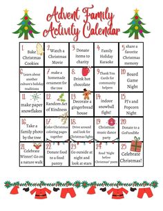 an activity calendar with christmas sweaters and stockings on the bottom, in red and green