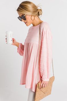 Teagan Textured Top, Pink :: NEW ARRIVALS :: The Blue Door Boutique Spring Textured Loungewear Tops, Spring Textured Tops For Loungewear, Textured Tops For Spring Loungewear, Textured Casual Tops For Loungewear, Flowy Casual Tunic For Loungewear, Casual Flowy Tunic For Loungewear, Casual Tops With Crinkle Texture For Layering, Casual Fall Loungewear Tunic, Casual Fall Tunic For Loungewear