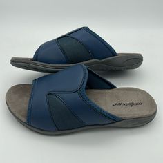 New Comfort View Blue Grey Slip On Deena Women's Sandals 8m - Minor Cosmetic Imperfections. Casual Blue Slip-on Sandals, Comfortable Blue Closed Toe Sandals, Blue Comfortable Sport Sandals With Arch Support, Gray Slip-on Sandals With Arch Support, Comfortable Blue Sport Sandals With Arch Support, Gray Leather Slip-on Sandals, Non-slip Flat Gray Sandals, Comfortable Gray Open Toe Sandals, Blue Non-slip Open Toe Slippers