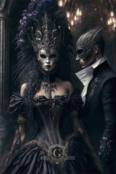 a man and woman dressed up in fancy clothing, with masks on their faces are standing next to each other