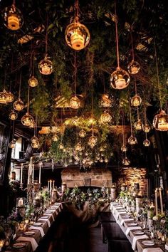 an indoor dining area with tables and lights hanging from the ceiling, surrounded by greenery