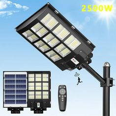 solar powered street light with remote control and motion activated lights on the pole next to it