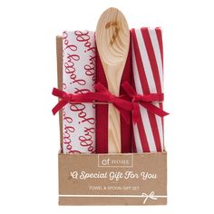 C&F Home's Jolly Candy Cane Towel & Spoon Set is the perfect holiday gift! It comes with two cheerfully colored red and white cotton kitchen towels plus one printed with a cursive Jolly phrase in a bright red. Plus, a natural pine wood spoon is included, ready to stir up festive cheer. Get into the holiday spirit with this must-have set. Stay with and accompany us during our continued home décor magical ventures every season years after years. Flour Sack Kitchen Towels, Spoon Gifts, A Cursive, Towel Crafts, Gift Bundle, Wood Spoon, Weaving Textiles, Gift Bundles, Spoon Set