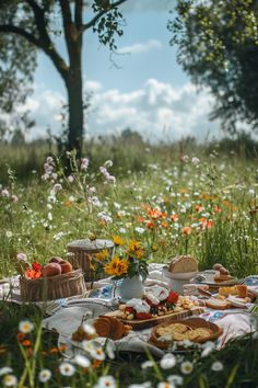 a picnic with food and flowers in the background