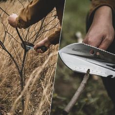 a person holding a large knife in their hand next to a tree with no leaves