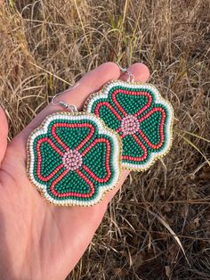 Blue-green & pink beaded poppy style earrings edged with gold and backed with moosehide. The earrings are just over two inches in height. They are on silver hooks. Artisan Green Beaded Earrings Nickel Free, Beaded Poppy, Poppy Earrings, Pink Beaded, Earrings Beaded, Style Earrings, Earring Backs, Beaded Earrings, Bead Work