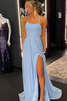 This Dress is fashionable for every occasion. the dress is made-to-order by professional tailors. You can choose from 50 colors, Regular sizes 2 to 16 and plus sizes 14w to 26W. Custom size is also available.. The product details: Color: Sky Blue, Length: Long, Neckline: Spaghetti Straps, Primary Fabric: Chiffon, Silhouette: A-Line Prom Dresses Halter, Chiffon Prom Dresses, Halter Prom Dresses, Blue Dress Formal, Cute Prom Dresses, Dress Chiffon, Grad Dresses, Dresses Elegant, Prom Dresses Long With Sleeves