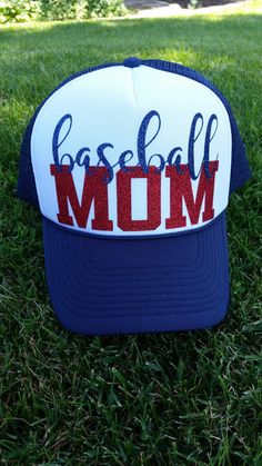 Navy blue and white trucker hat with blue football and silver MOM.  Scouts on the bill where number would go. White Trucker Hat, Blue Football, Man Hat, The Bill, Football Mom, Trucker Cap, Custom Orders, Caps Hats, Trucker Hat