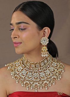 Double Layered Floral Bridal Necklace Set Riana by Shikha Jindal - Fabilicious Fashion Ceremonial Hand Set Gold Plated Bridal Necklace, Ceremonial Hand-set Gold Plated Bridal Necklace, Ceremonial Gold-plated Hand Set Bridal Necklace, White 22k Gold Kundan Necklace With Intricate Design, Elegant Jewelry With Zari Work For Reception, Elegant Kundan Necklace With Intricate Design For Ceremonies, Elegant Kundan Necklace With Intricate Design For Ceremonial Occasions, Kundan Bridal Necklace In Yellow Gold, Hand Set Kundan Bridal Necklace In Yellow Gold