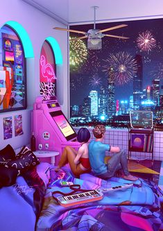 two people sitting on a bed in front of a window with fireworks coming from the sky