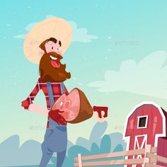 a man with a beard holding a bag and standing in front of a barn - animals characters