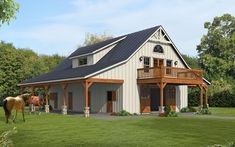 a horse is standing in front of a large barn style house with a porch and attached garage