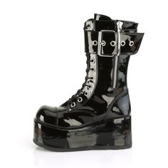 Us Men's Sizing, For Women's Sizing Order Two Sizes Down For Your Usual Us Women's Size. Chunky Shiny Black Patent Vegan Leather Cyber-Goth Boot With Silver-Toned Grommet Buckle Strap And Outside Zipper. 3.5" Platforms, Ready For Anything! Shoes Demonia, Demonia Boots, Goth Boots, Alternative Shoes, Silver Platforms, Demonia Shoes, Go Big Or Go Home, Brogue Boots, Clothing Art