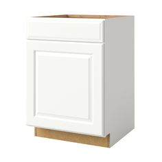 a white cabinet with a wooden door and drawer on the bottom, in front of a white background