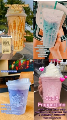 the different types of drinks are shown in this ad for starbucks's frappuccino